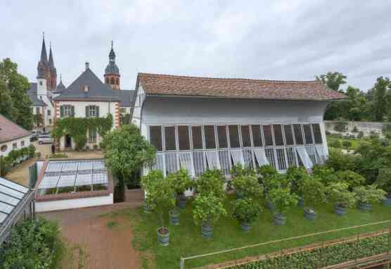 Links neben der Klosterorangerie, halb im Boden, liegt das neue Ananashaus