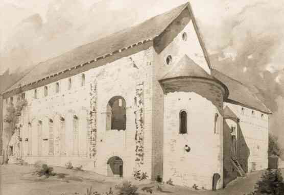 Die Einhardsbasilika von Michelstadt Steinbach von Sueden gesehen Tusche laviert und Bleistift von Carl Bronner um 1890 SG Foto Thomas Neu